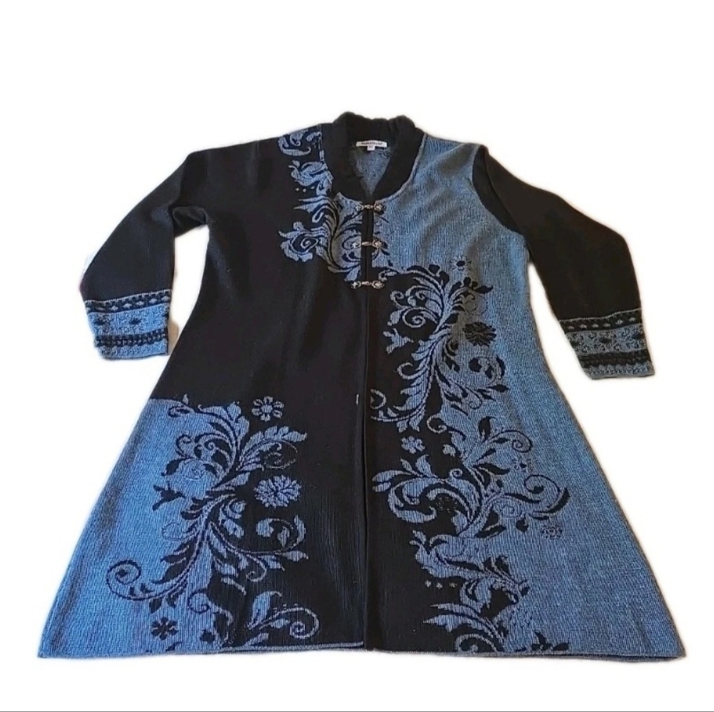 Northstyle Sweater Womens 1XL Blue Black Alpaca Blend Floral Long Cardigan